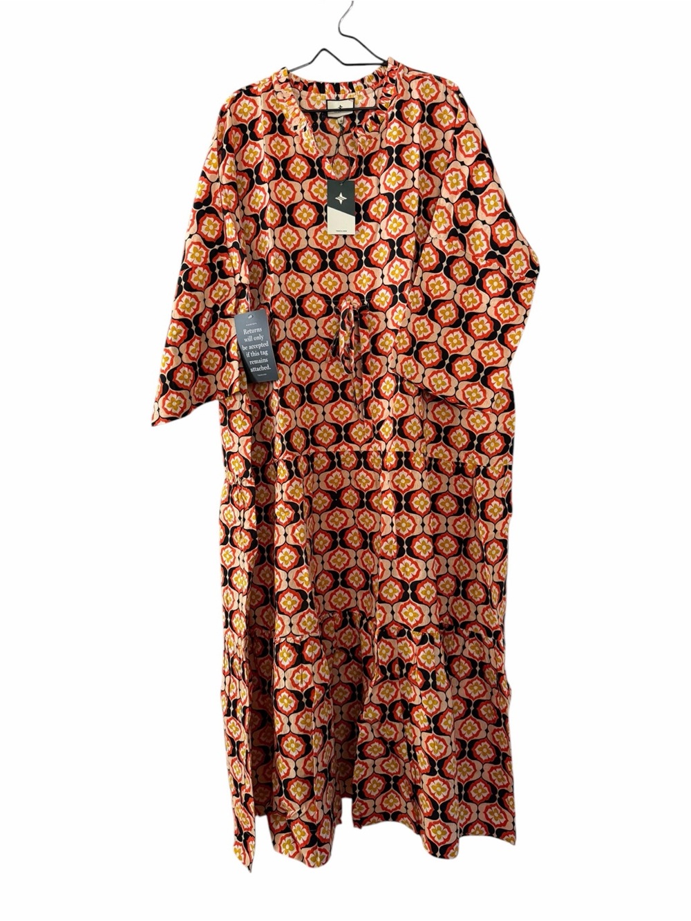 New! TUCKERNUCK Orange Wavy Retro Boho 70s Maxi Linen Caftan Dress XL